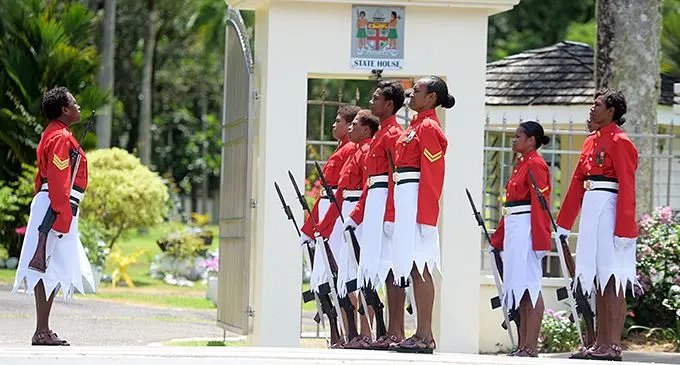 Guard commander Sgt. Venina Naitogotogo (left) with her team of RFMF personnel during the State House Change of Guard ceremony on November 30, 2019.  Photo: Ronald Kumar