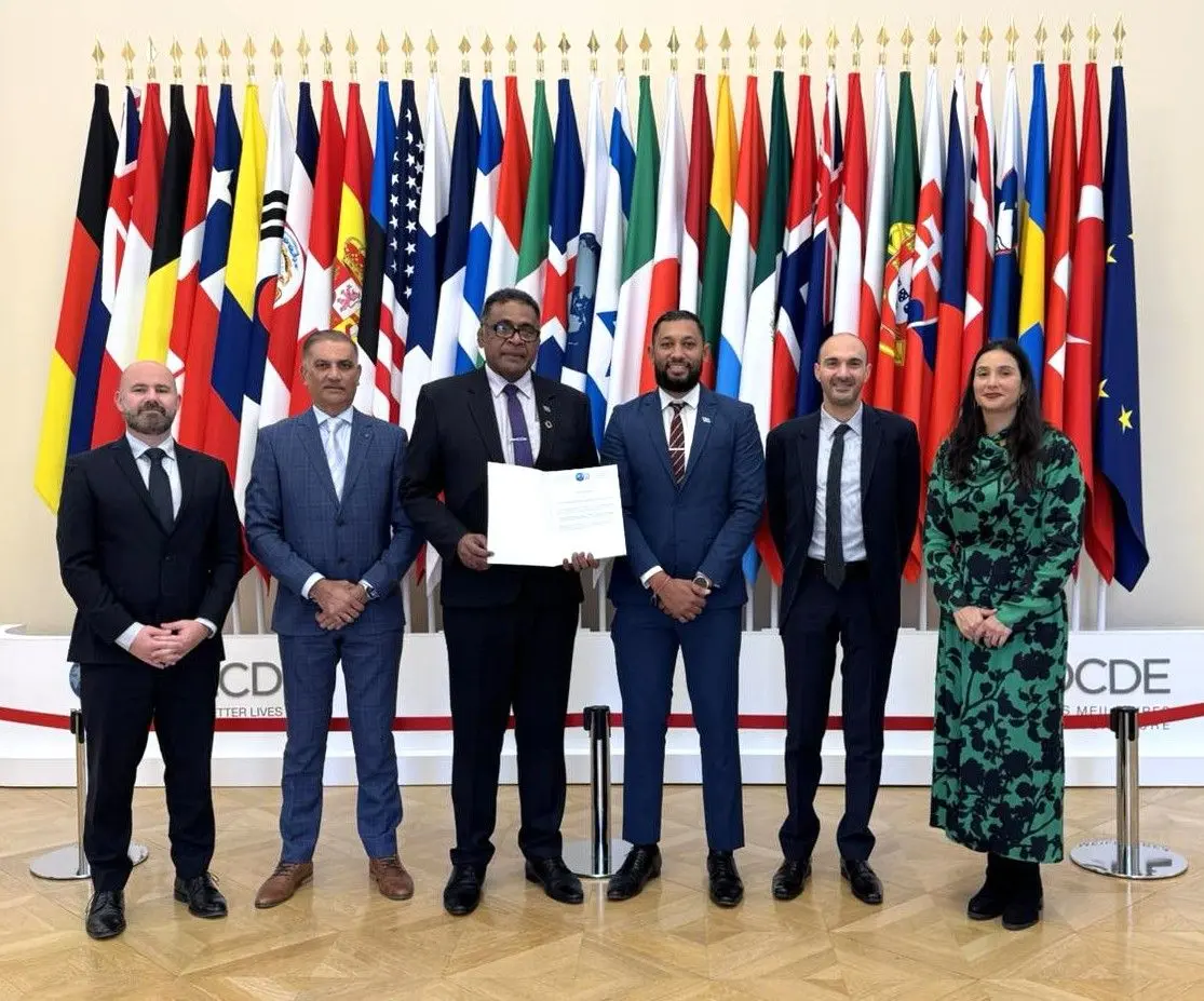 The Minister for Finance, Commerce and Business Development, Hon. Esrom Immanuel, Chief Executive Officer -FRCS, Mr. Udit Singh, Chief of Staff/ Director Corporate Services – FRCS, Mr Shavindra Nath in Paris, France for the signing of the Multilateral Convention on Mutual Administrative Assistance in Tax Matters (MAAC).