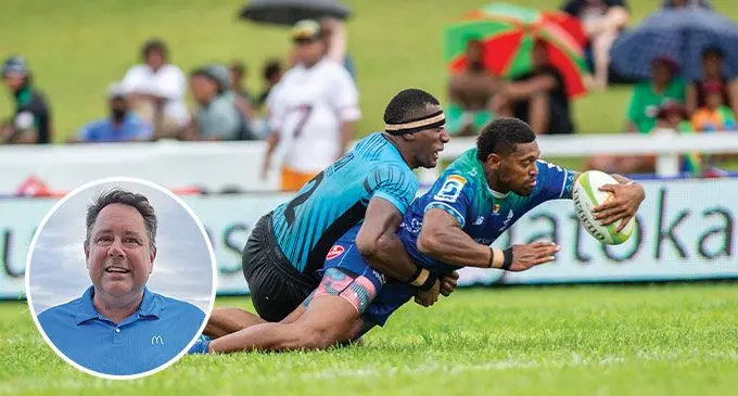 Fiji 7s forward Joseva Talacolo tackles Fijian Drua’s Ilaisa Droasese during the McDonald’s Fiji Coral Coast 7s tournament at Lawaqa Park, Sigatoka on January 18, 2025. Photo: Leon Lord/Inset: McDonald’s Fiji managing director Marc McElrath.