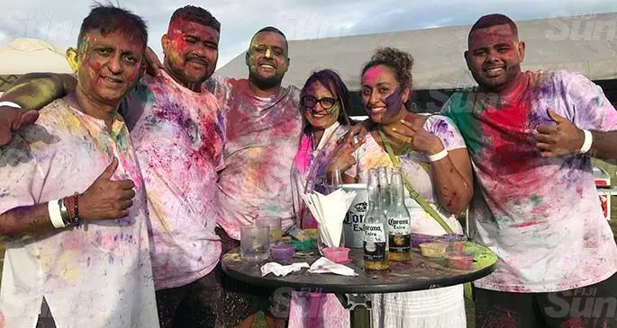 From left: Guests Rajen Kumar, Sam Seeto, Prajeet Singh, Nisha Singh, Rekha Kumar, Yashveer Singh during the Holi Festival at the Fiji Marriott Resort Momi Bay on March 27, 2021. Photo: Shreya Kumar