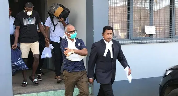 Amrit Sen (front left) with three other accused behind accompanied by their lawyer Abhay Singh (right) outside the High Court in Labasa on June 28, 2022. Photo: Shratika Naidu