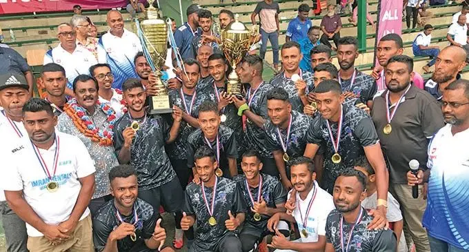 Minister for Youth and Sports Parveen Bala (left with garland) with the Ba Muslim football team after winning the Digicel Muslim IDC at Prince Charles Park, Nadi, on April 4, 2021. Photo: Waisea Nasokia  