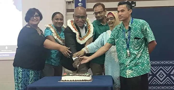 Integrity Fiji executive director, Joseph Veramu in the center with Fiji National University staff during the world press freedom day celebration on May 3, 2023. Photo: Jone Salusalu