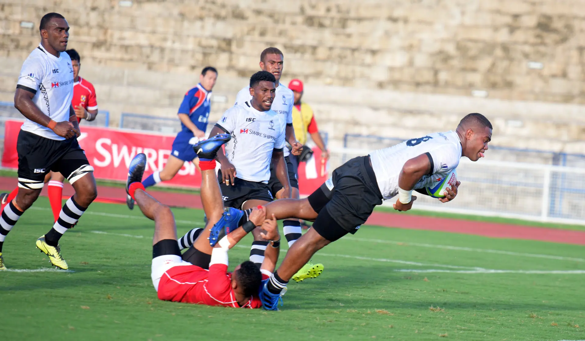 John Dyer dives in for Fijian Warriors third try against  Tonga during 2019 World Rugby Pacific Challenge at ANZ Stadium on March 8, 2019. Photo: Ronald Kumar.