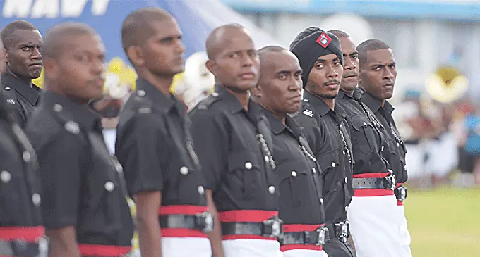 Constable Navjeath Singh (third from right) was among 217 Police recruits during their passing out parade at Police Academy Ground, Nasova, on December 15, 2023.  Photo: Ronald Kumar