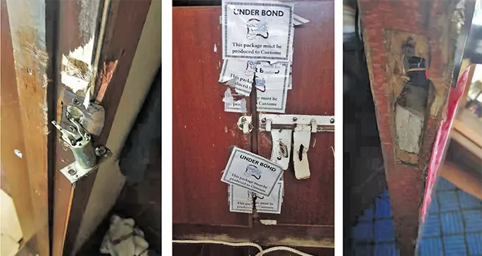Left: The broken door of the vessel and (right) the broken cabinet where cigarettes and money were kept.