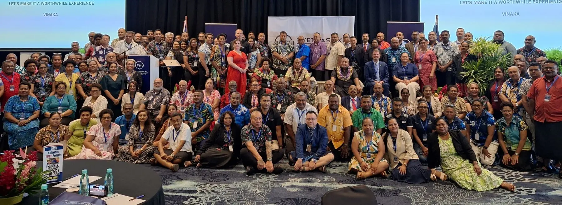  (Sitting in the middle row in garland) FNU vice-chancellor Unaisi Nabobo-Baba, Ratu Luke Dawai, and the Minister for Youth and Sports Jese Saukuru, with the delegates at the National TVET Forum 2026 at Denarau in Nadi. 