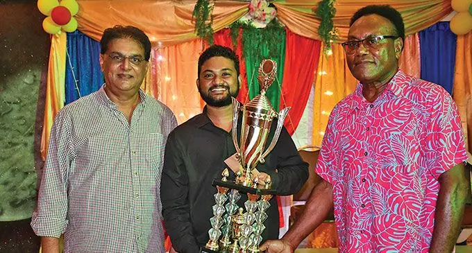 From left: South Seas Club board of trustee chairman Jan Mohammed, Fiji’s number one Sahil Prasad and Nemia Tagi in Lautoka on December 21, 2024. Photo: Waisea Nasokia