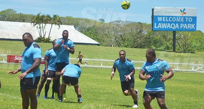 Fiji Airways Fijian Drua players 9left-right) Penijamini Makutu, Tevita Naqali, Johnny Dyer during the captain’s run at Lawaqa Park in Sigatoka on October 11, 2019. Photo: Mereleki Nai