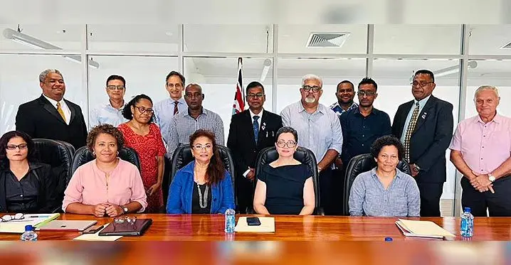 The Fiscal Review Committee appointed by Government in an announcement yesterday. From left: Kirti Patel, Matelita Katamotu, Fantasha Lockington, Lisa Apted and Mereia Volavola. Back row from left: Viliame Takayawa, Pradeep Patel, Vani Catanasiga, Richard Naidu, Neelesh Goundar, Finance minister, Biman Prasad, Reaaz Ali, Naibuka Saune, Edwin Chand, assistant Finance minister, Esrom Immanuel, and Barry Whiteside.