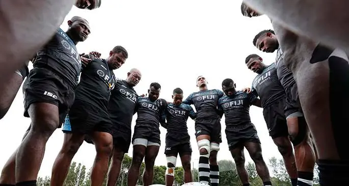 Fiji team huddle during training session prior to the HSBC New Zealand Sevens  2020 men's competition on 21 January, 2020 in Hamilton, New Zealand. Photo: World Rugby