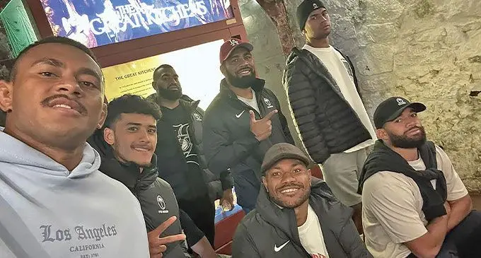 Fiji Water Flying Fijians: Front (from left) Vilive Miramira, Isaia Armstrong-Ravula, Elia Canakaivata, Meli Derenalagi. Back (from left) Livai Natave, Apisalome Vota and Kitione Salawa during their visit at the Stirling Castle in Edingburgh, Scotland, on October 31, 2024. Photo: Stirling Castle