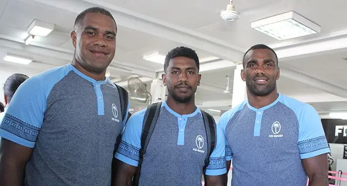 Fiji Airways Flying Fijians local squad members (from left) Johnny Dyer, Frank Lomani and Mosese Voka at the Nausori International Airport on July 15, 2019. All are locally based. They are part of John McKee’s 26-member squad bound for New Zealand to face the Maori All Blacks in Rotorua, New Zealand.  Photo: Simione Haravanua