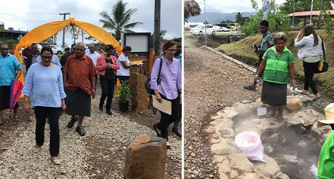 Minister for Local Government Premila Kumar with Turaga-ni-Yavusa of Nakama Jovesa Logaivau and other stakeholders at the opening of the Nakama Hot Springs in Savusavu on August 2, 2022. Photo: Shratika Naidu