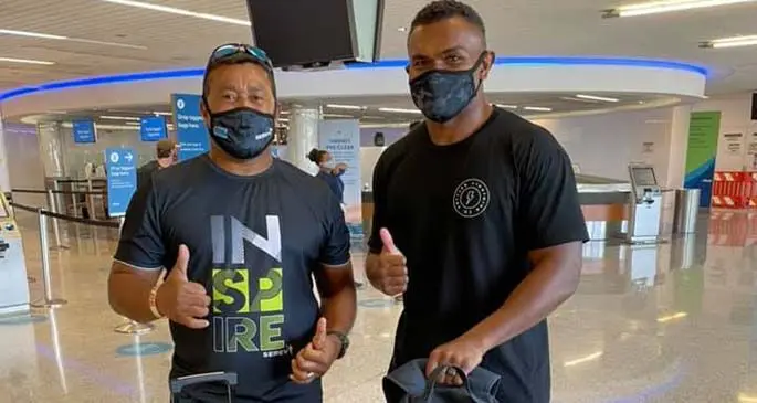 Sevens maestro Waisale Serevi (left) with Naulia Dawai at Los Angeles International Airport in the United States of America on May 13, 2021.