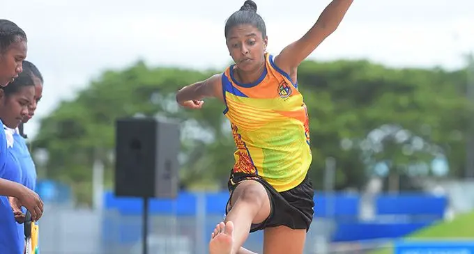 Teisha Kumar in action during Lelean Memorial School inter-house senior girls long jump finals at ANZ Stadium on February 14, 2020. Photo: Ronald Kumar