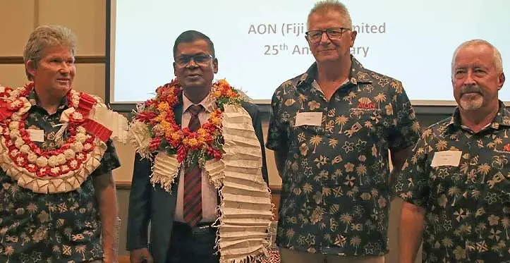 From left: AON New Zealand region chief executive officer and executive chairman Geoff Blampied, Deputy Prime Minister Biman Prasad, AON deputy managing director Russell Bailey and AON (Fiji) Pte Limited general manager, Steve Vincent, during the company’s 25th cocktail anniversary celebration at Grand Pacific Hotel in Suva on April 19, 2023. Photo: Laiseana Nasiga