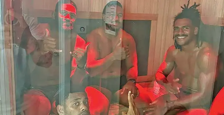 FIJI Water Flying Fijians players (back from left) Temo Mayanavanua, Eroni Mawi and Selestino Ravutaumada. Front: Ilaisa Droasese goes through their recuperation session at the Review Health & Wellness Centre in London, England, on August 27, 2023. Photo: FRU Media