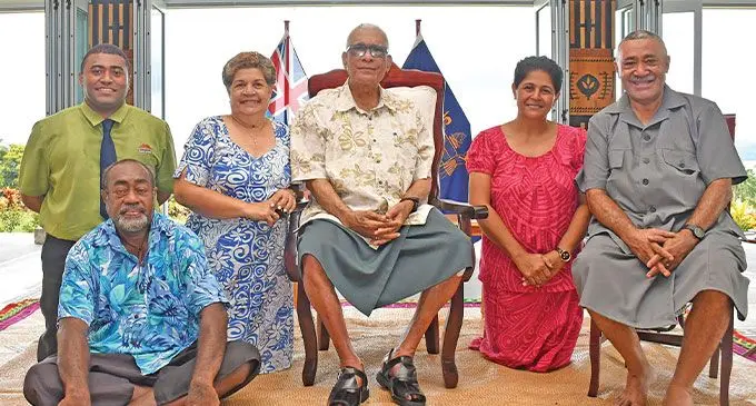 Tui Namosi Ratu Suliano Matanitobua (sixth from left), with his family as they visited the President Ratu Naiqama Lalabalavu at the State House on February 5, 2025. Photos DEPTFO News