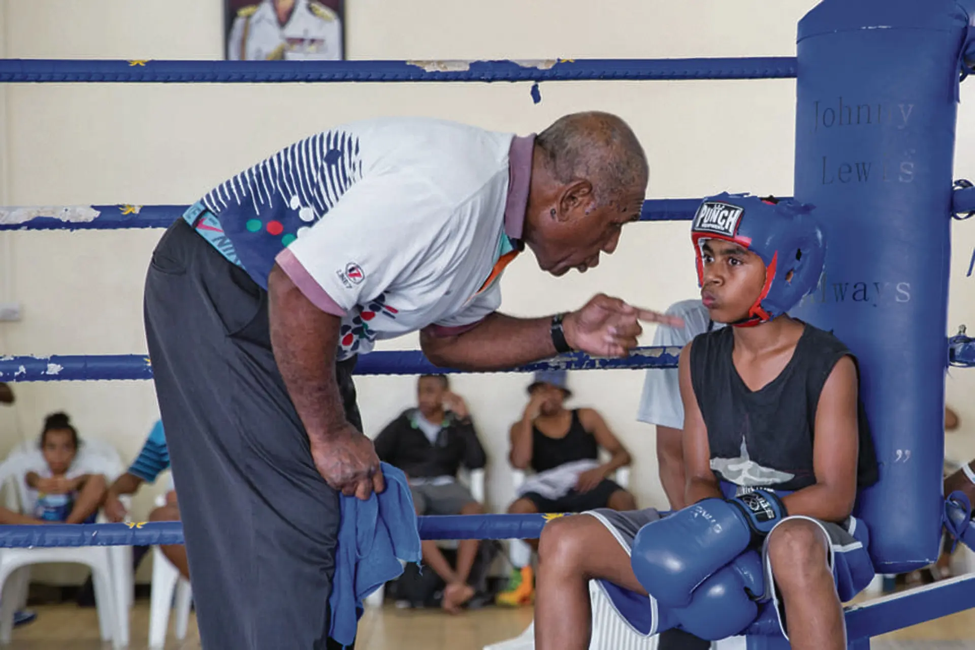 Former amateur boxing heavyweight champion and Wailoku Riverside head trainer Marika Bola instructs Hiram Qaloiwasa in the Under-13 category at the Commander Stan Brown’s gym in Walu Bay, Suva. Photo: Boxing Fiji