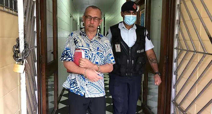 Nausori Highlands murder accused Muhammed  Raheesh Isoof escorted to the cell block by Police Constable Pritesh Nadan at the High Court in Lautoka on January 6, 2022.  Photo: Ashna Kumar