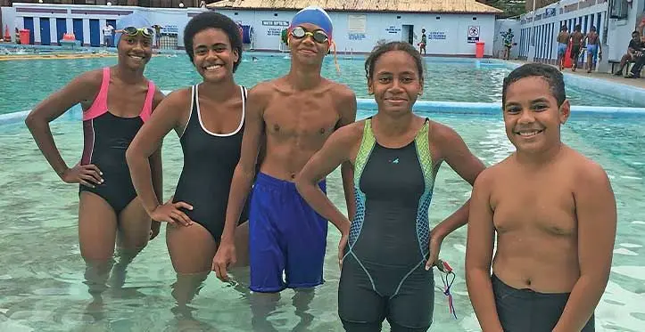 From left: Sereana Delai, Laniana Seavula, Tristan Jaden, Elizabeth Bobi and Caleb Digo of Lautoka Central College at the Suva Olympic Pool on June 8, 2023. Photo: Ioane Asioli