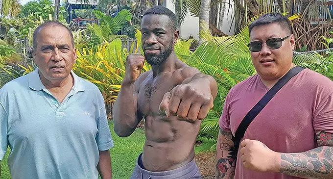 From left: Promoter Mohammed Shameem, boxer Samuel ‘King’ Moses and manager Steve Sayvong on May 15, 2024. Photo: Waisea Nasokia