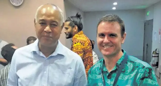 Fiji Human Resource Institute president Kameli Batiweti and Air Terminal Services Human Resource Manager Richard Donaldson at the launch of the awards on Friday, February 23.