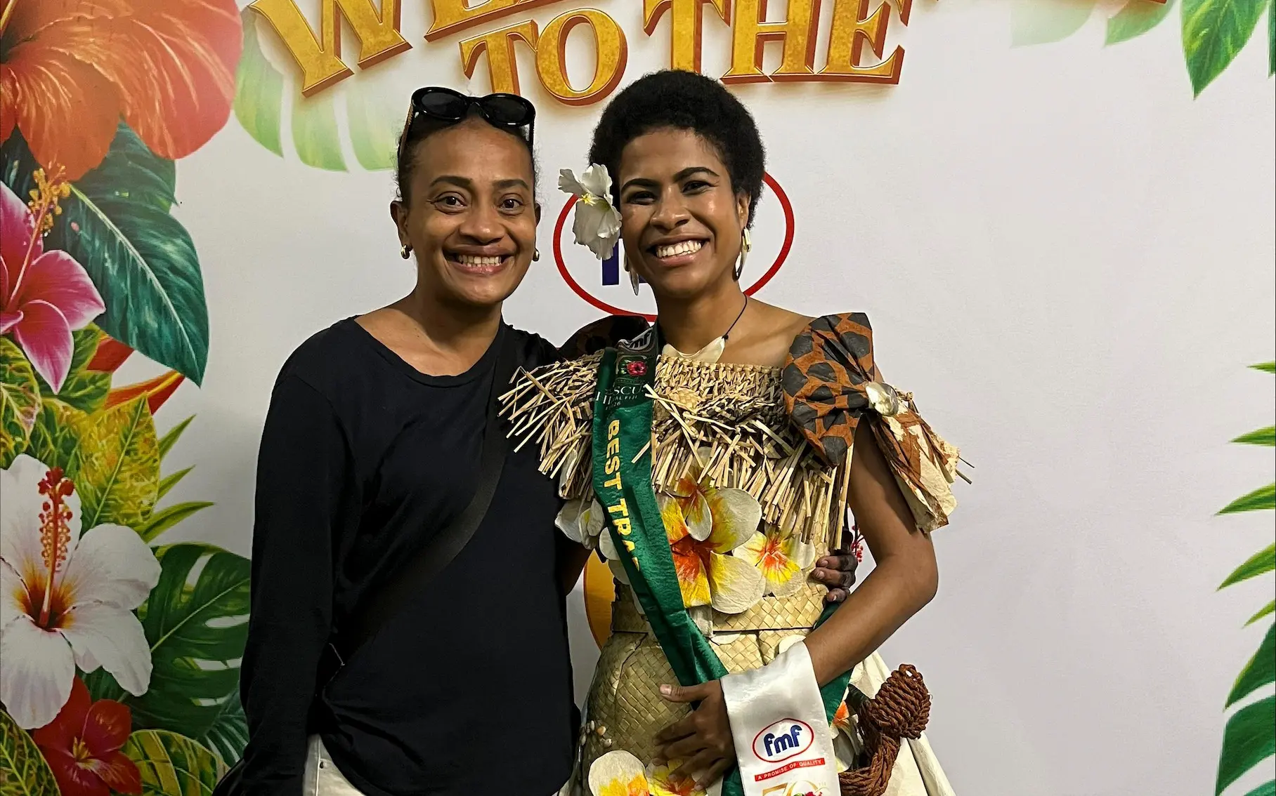  Fashion Designer Sue Samuels of Lavalani Designs and FMF Hibiscus Festival contestant Miss Fiji Rugby Suliana Laitianara after winning the Best Traditional-Inspired Attire title last night at the Albert Park.  Photo: Joseph Balolo