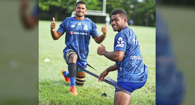 Swire Shipping Fijian Drua (from left) flanker Kitione Salawa Junior and utility back Tuidraki Samusamuvodre during training at Prince Charles Park, Nadi, on January 27, 2023. Photo: Fijian Drua