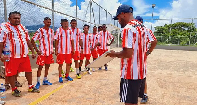 National futsal coaching director Jerry Sam (back to camera) works with Northern coaches during the coaching course at the Fiji Football Association academy in Labasa on November 12, 2022. Photo: Sampras Anand.