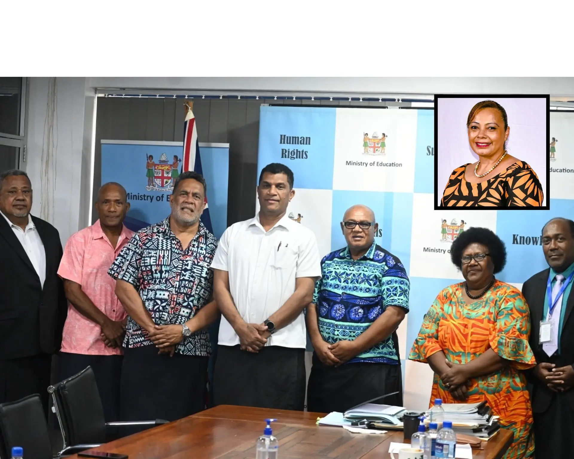 Minister for Education Aseri Radrodro (centre) with FNU Council members last week. Inset: Karen Lobendahn.
