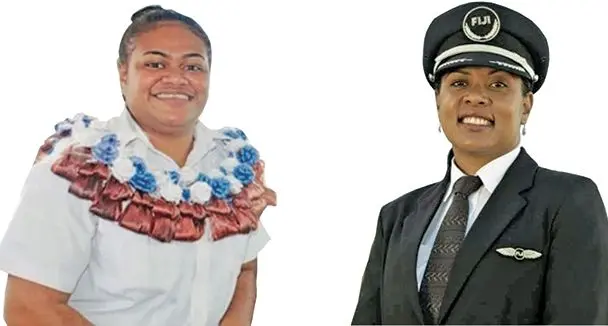 (Left) Goundar Shipping Limited’s first female captain, Sainimere Qutonilaba.  (Right) Captain Seini Cornish is the first Fijian woman to captain the big A330 and A350 wide bodied jets of Fiji Airways.  