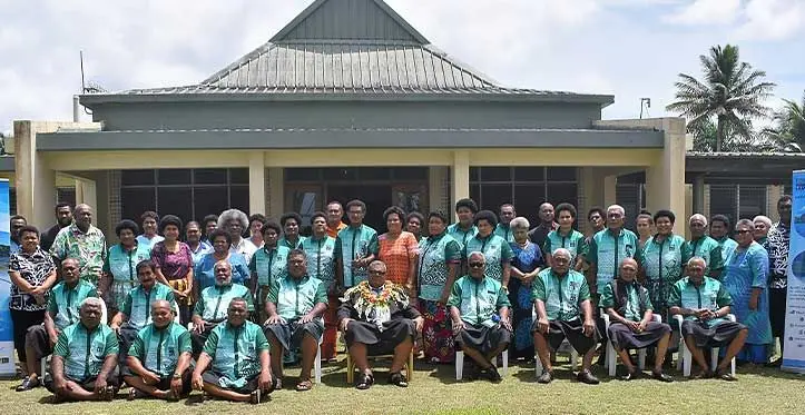 Lau Chiefs, community, Minister of Agriculture and Waterways, Hon. Vatimi Rayalu, and Conservation International Fiji team at a Lau Seascape meeting in March 2023.