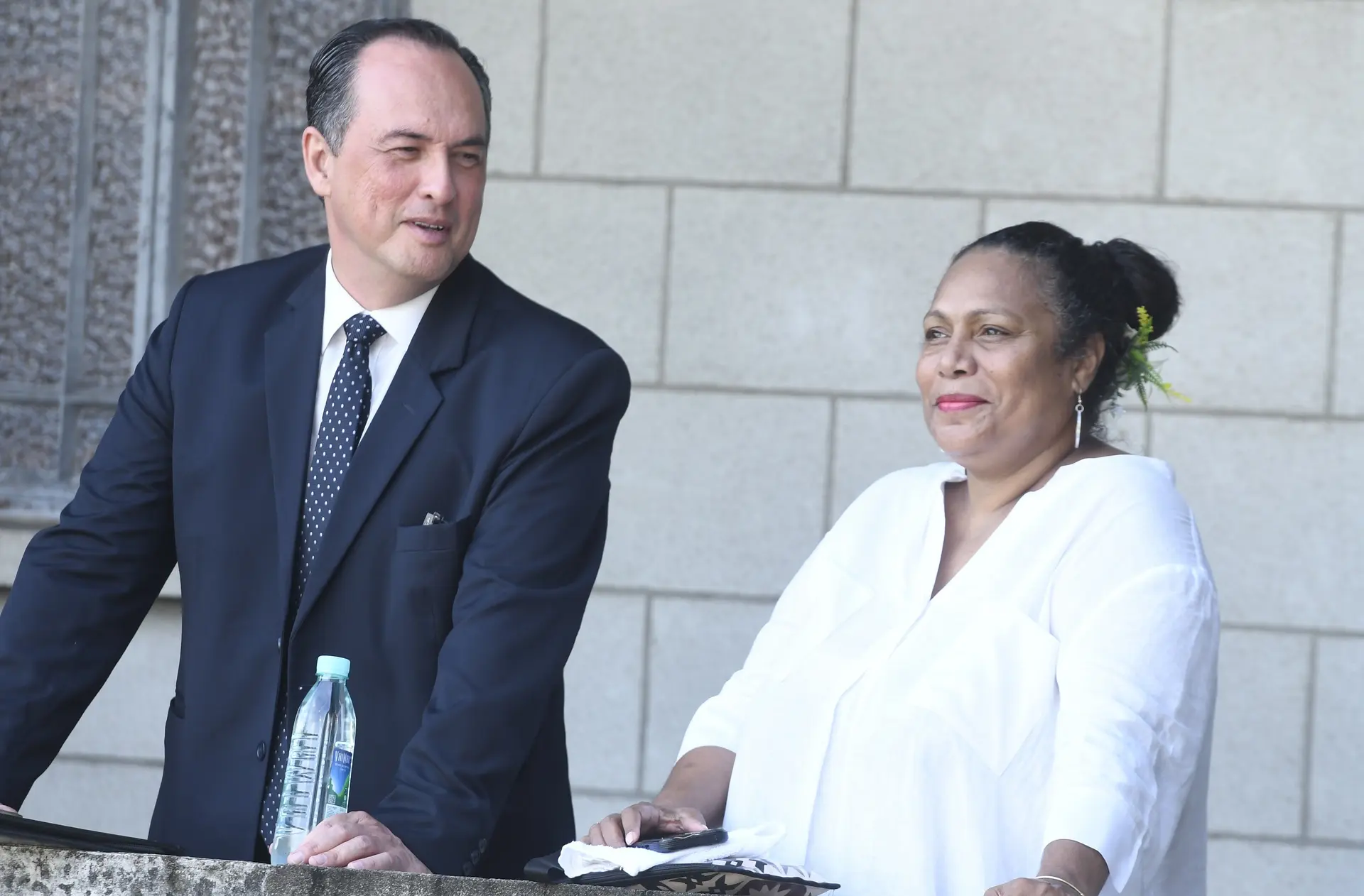 Fiji Law Society president William Wylie Clarke and former Commissioner of the Fiji Independent Commission Against Corruption (FICAC) Barbara Malimali outside the High Court in Suva on February 18, 2026. 