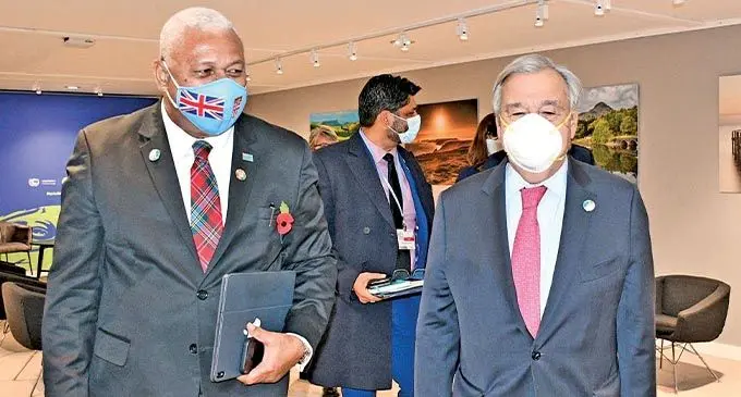 Prime Minister Voreqe Bainimarama with United Nations Secretary-General António Guterres at the COP26 in Glasgow, Scotland. Photo: Office of the Prime Minister