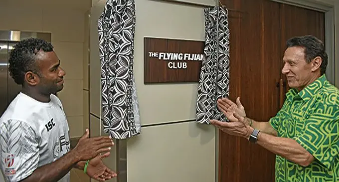 Fiji Airways Fijian 7s team captain Seremaia Tuwai with Fiji Airways Managing Director and chief executive officer, Andre Viljoen at the opening of the Flying Fijian Club at the Fiji Link Domestic VIP Lounge at the Nadi International Airport.  Photo: Waisea Nasokia
