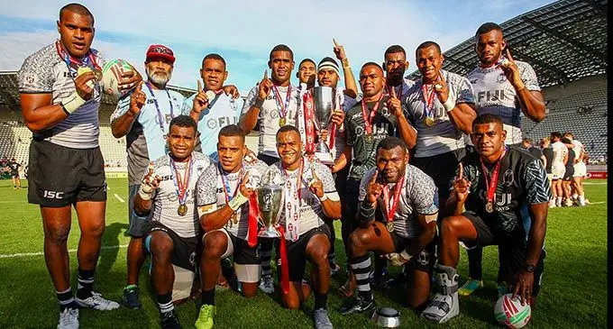The victorious Fiji Airways Fijian 7s team in Paris on June 2,2019.  Photo: Ian Muir 