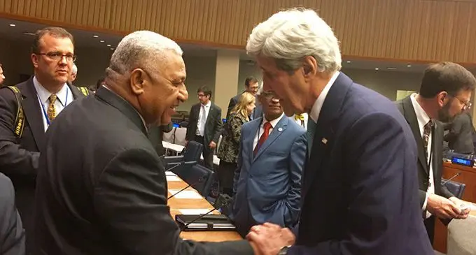 Prime Minister Voreqe Bainimarama during a meeting with John Kerry in 2016 when he was the US Secretary of State Senator in New York. 