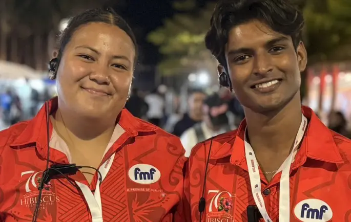 From left: Jasanna Newton and Abel Roy, the young duo coordinating 668 volunteers at this year’s 70th Hibiscus Festival at Albert Park on September 1, 2026. Photo: Kaneta Naimatau