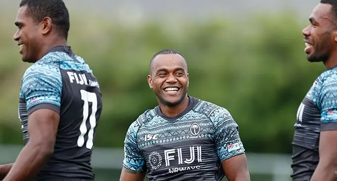 Fiji Airways Fijian 7s winger Alasio Naduva  (middle) with Aminiasi Tuimaba and Kavekini Tabu during training. They have made the 12-member squad to play in today’s Sydney Sevens in Australia. Photo: World Rugby