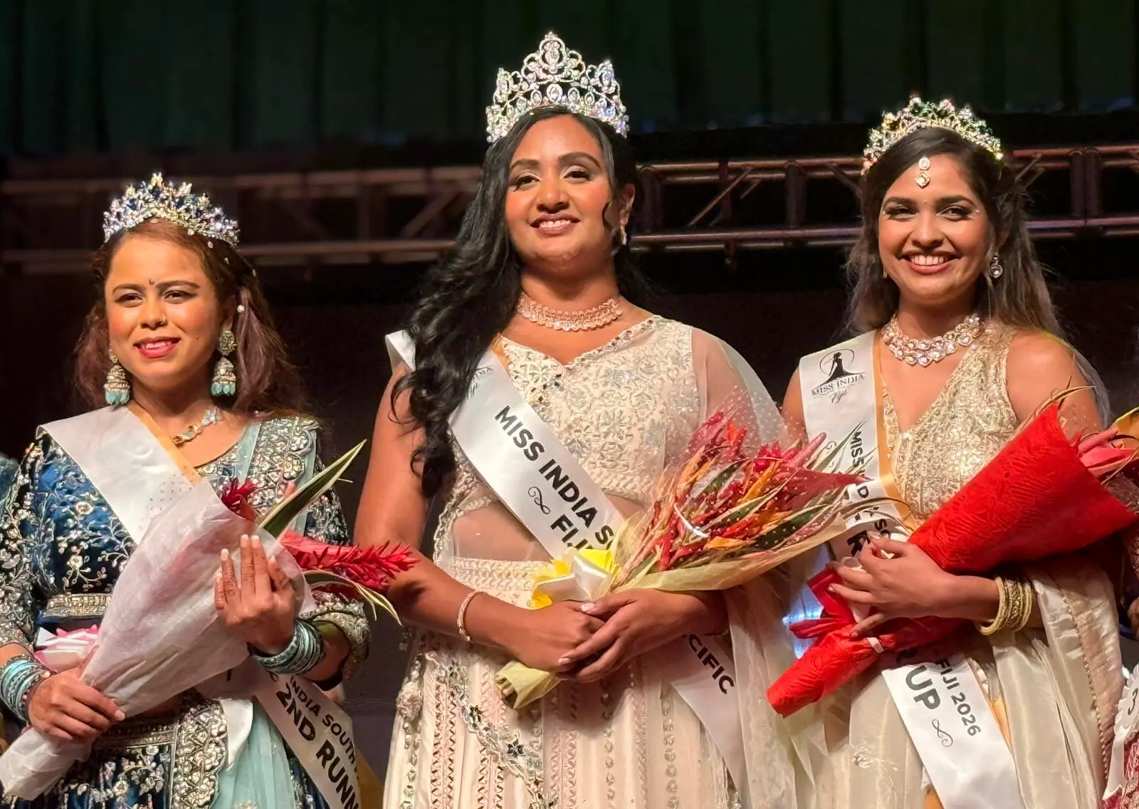 Sigatoka lawyer and human resources professional Shomal Naidu has (middle) become the first woman to wear the Miss India South Pacific Fiji crown on August 1, 2026.