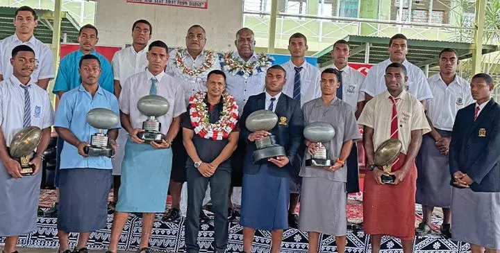 Fiji Rugby Union general manager operations and development Sale Sorovaki (back fourth from left), Fiji Secondary Schools Rugby Union president Jone Kanalagi (back fifth from left), Vodafone regional marketing officer Rajnesh Prasad (front fourth from left) with reps from participating schools during the official launch of the Vodafone Deans and Weet-Bix Raluve competition at Gospel High School, Suva on July 4, 2025. Photo: Sereana Salalo-Baleiwai