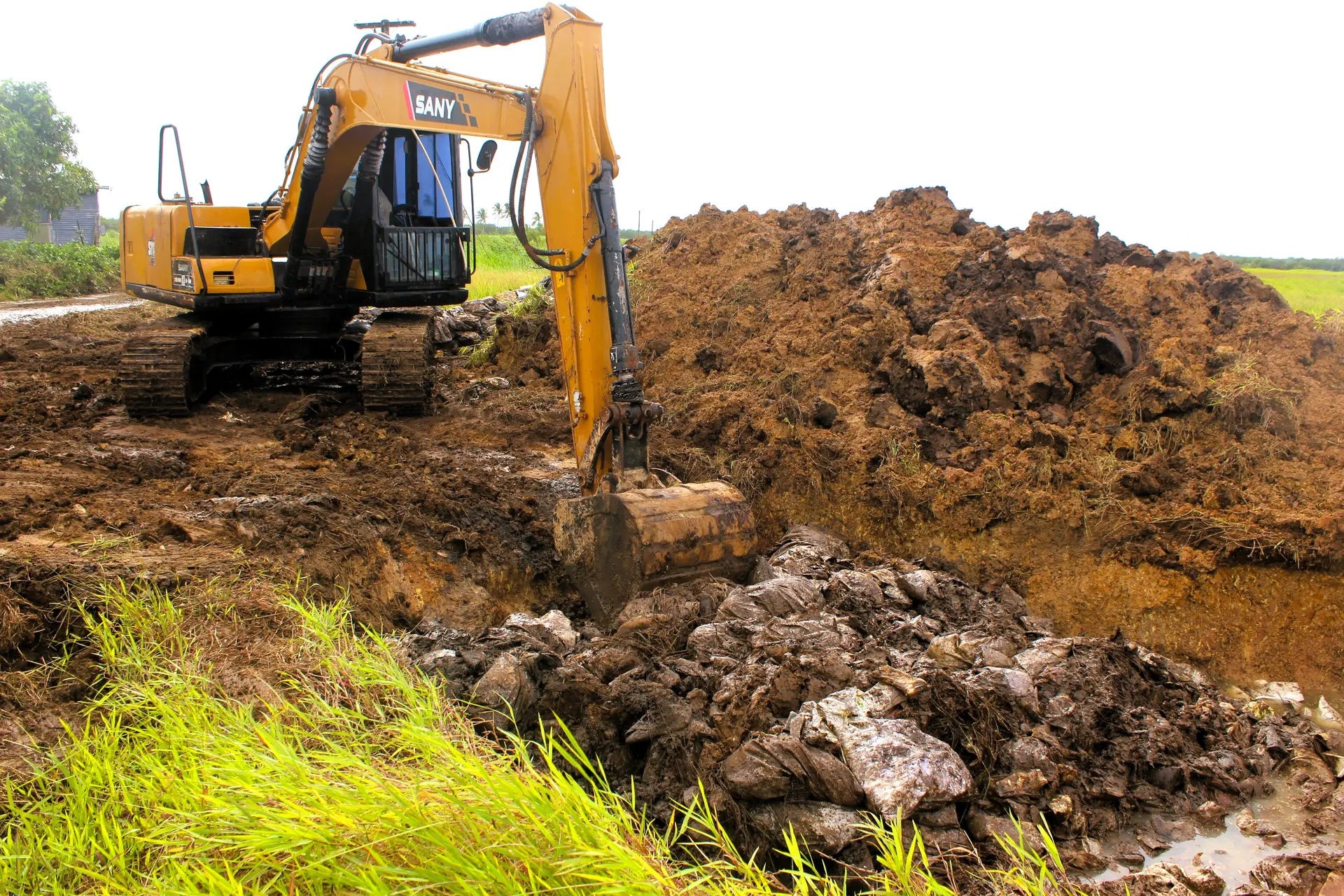 A digger was deployed by farm owner Richard Du to properly bury burnt seafood waste on his farm on April 7, 2026.