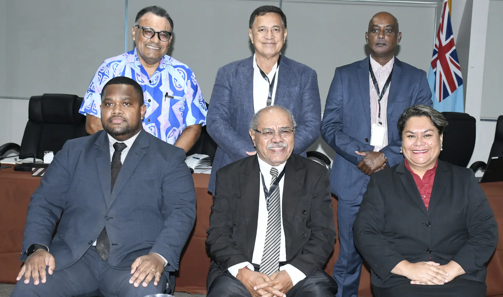 Assistant Director of Public Prosecutions Meli Vosawale and Acting Director Nancy Tikoisuva (front left and right) with Constitutional Review Committee Chairperson Sevuloni Valenitabua and members (standing at back, from left) Conway Beg, Dr John Fatiaki and Dr Neelesh Gounder after making their submission to the Constitutional Review Committee on April 23, 2026.