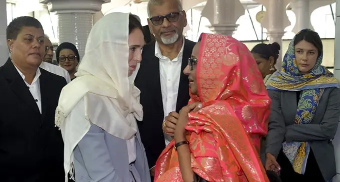New Zealand Prime Minister talks with Saira Bibi Patel at Lautoka Jame Masjid as President of the Fiji Muslim League, Hafiz Ud Khan and others look on, on February 27, 2020.  Photo: DEPTFO News