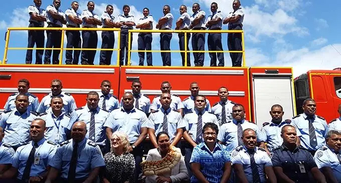 Minister for Trade, Tourism, Industries, Local Government, Housing and Community Development Premila Kumar officially hands over the 20,000 litre fire truck to the National Fire Authority.  Photo: Shalveen Chand