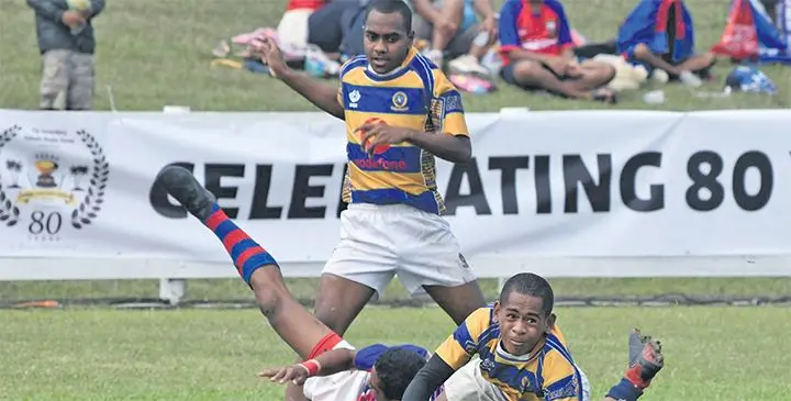 Nippy Ratu Kadavulevu School backline player John Lee dives over to score a try against Marist Brothers High School in the Vodafone Super Deans U14 semi-final at Lawaqa Park, Sigatoka on August 3, 2019. RKS will take on Suva Grammar School in the U14 final. Photo: Waisea Nasokia