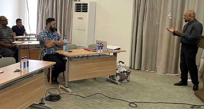 The Accident Compensation Commission, Fiji (ACCF) chief executive officer Parvez Akbar presenting to the Society of Fiji Travel Associates members. Photo: The Accident Compensation Commission, Fiji