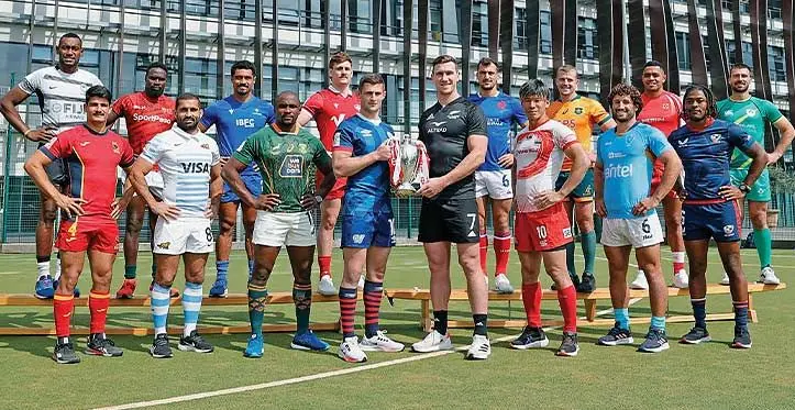 Fiji Airways Fijian men’s rugby sevens captain Joseva Talacolo (back, on the left) during the Captain’s photo shoot in London on May 18, 2023.Photo: World Rugby